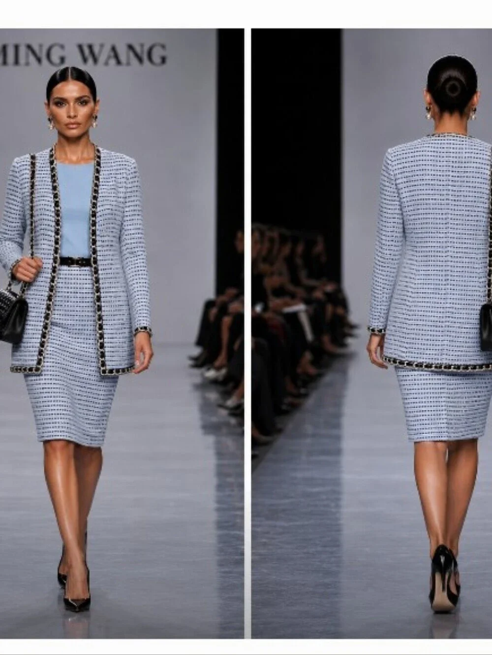 Ming Wang M-L 3 Pc Blue Black Knit Tweed Boucle Chain Light Weight Skirt Suit